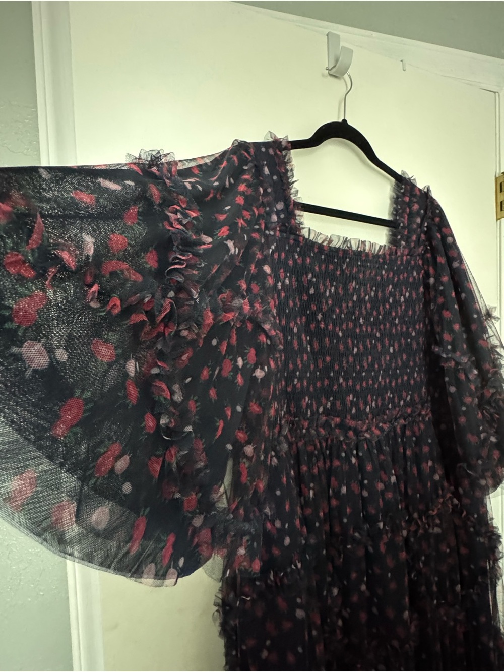 NWT JessaKae Navy Blue Smocked Floral Square-Neck Tunic with Pink Print - Picture 6 of 7